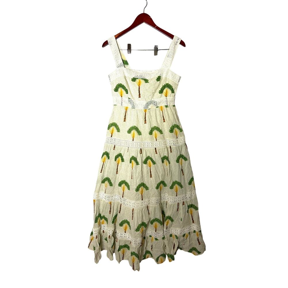 Calypso St Barth Maxi Dress M Palm Tree Print Crochet Lace Tiered Cotton Boho